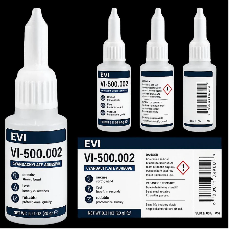 EVI® VI-500.002 cyanoacrylate instant adhesive — 20 g professional needle-tip bottle with full safety label, four bottle views and label artwork