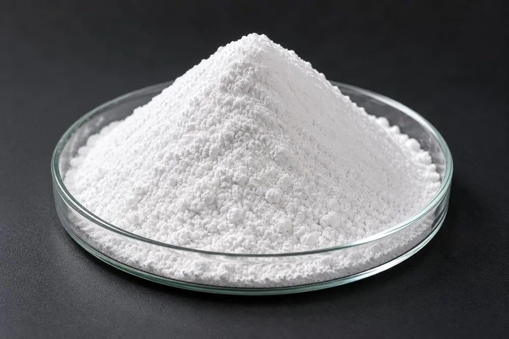 Batch-controlled virgin PVC resin — pure, reference-white powder used as the raw material for the printable skin of EVIBOND® boards