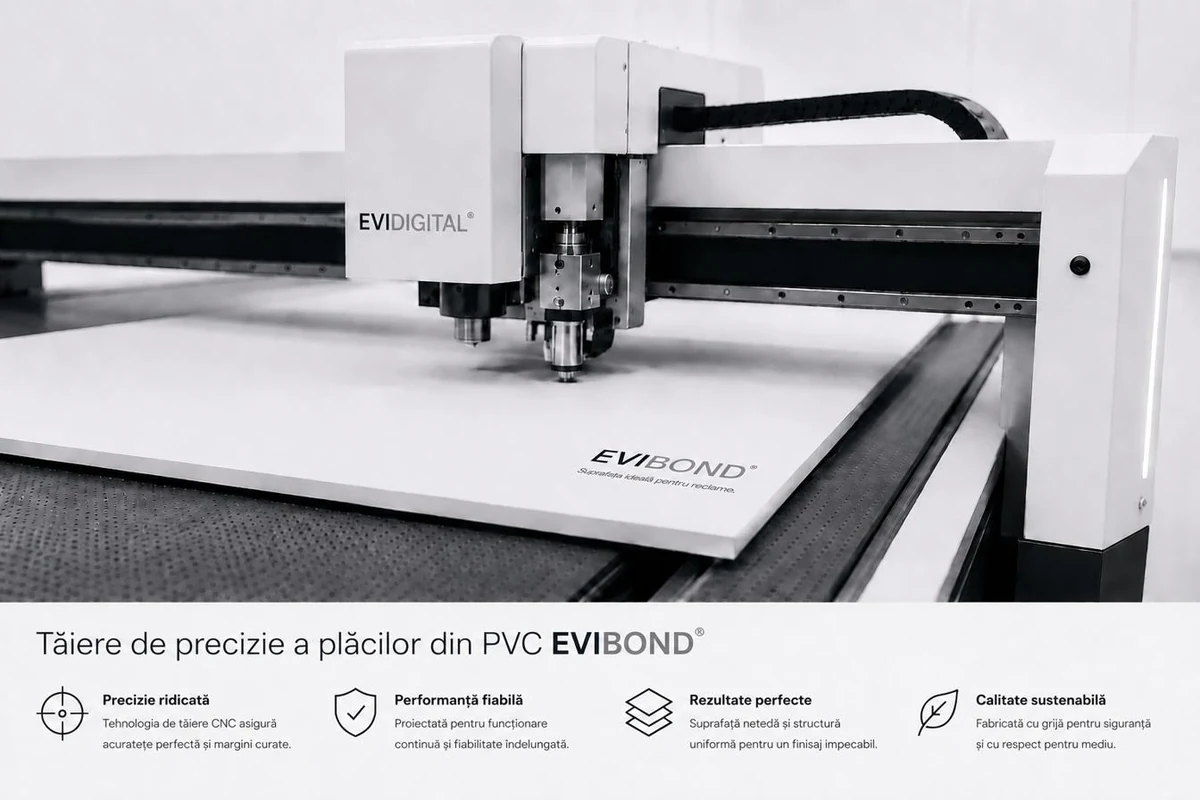 Router CNC EVI DIGITAL® care taie un panou PVC EVIBOND® — muchii curate, fără așchiere, fără delaminare datorită structurii co-extrudate în trei straturi