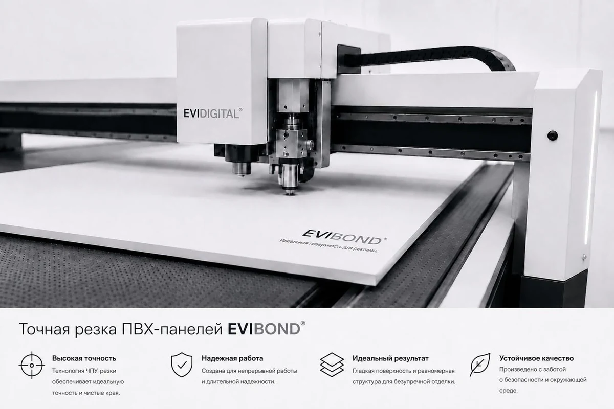 Фрезерный ЧПУ-станок EVI DIGITAL® режет ПВХ-плиту EVIBOND® — чистые кромки, без сколов, без расслоений благодаря трёхслойной коэкструзионной структуре