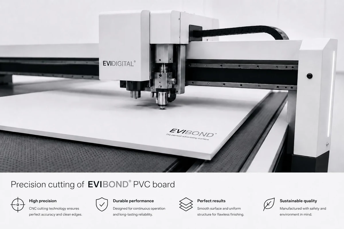 EVI DIGITAL® CNC router cutting an EVIBOND® PVC board — clean edges, no chipping, no delamination thanks to the co-extruded three-layer structure