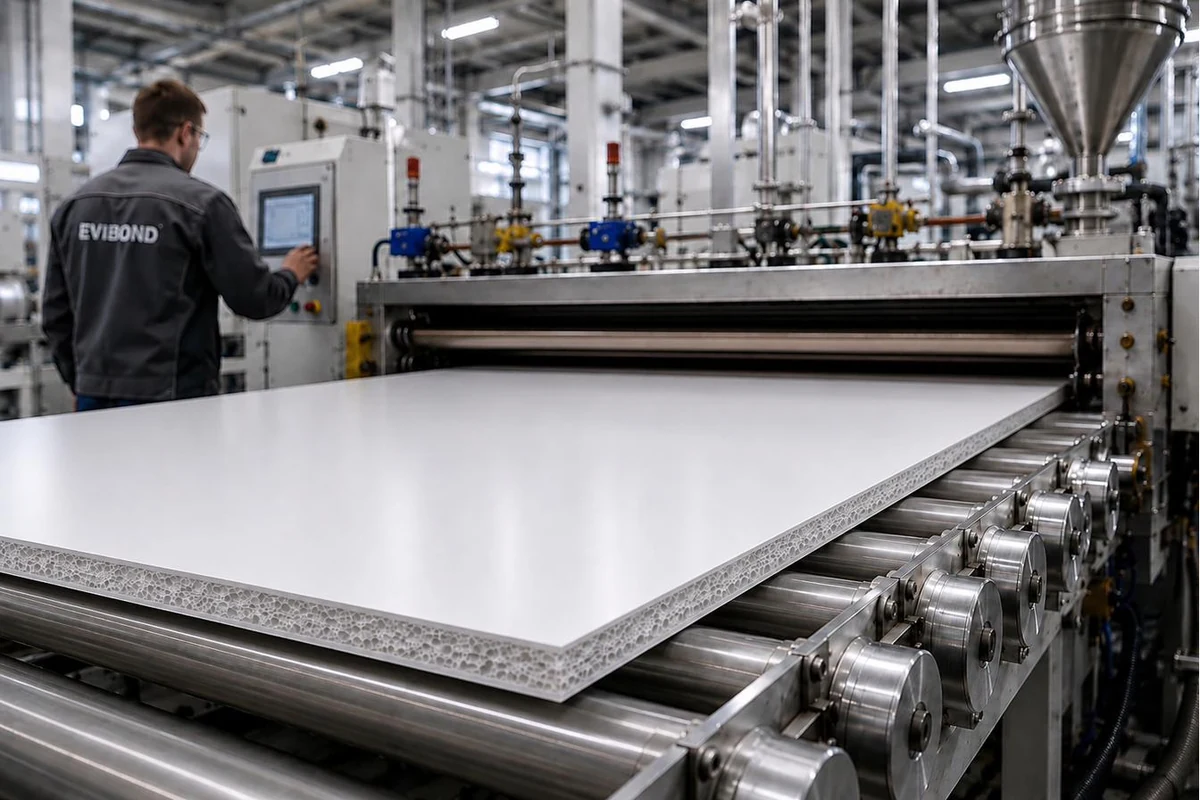 EVIBOND® production line — automated co-extrusion of three-layer rigid PVC boards in the 17,000 m² ISO 9001 / ISO 14001 facility