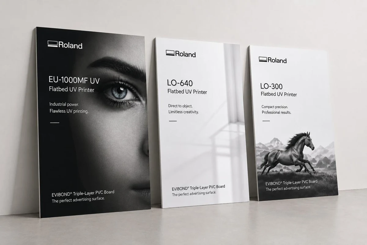 Roland EU-1000MF UV, VersaOBJECT LO-640 and LO-300 flatbed UV printers with EVIBOND® triple-layer PVC board prints — three recommended printers for industrial signage, direct-to-object and compact wide-format production