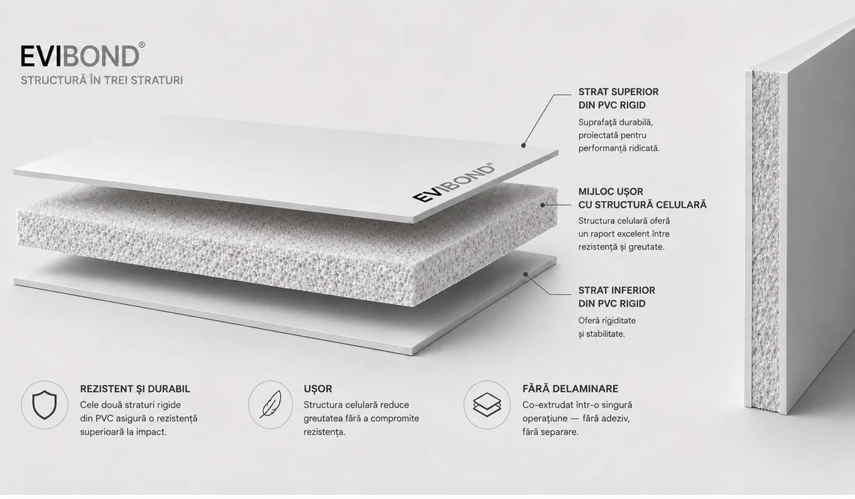 Structura EVIBOND® în trei straturi — strat exterior din PVC virgin rigid (tipăribil), miez ușor spumat inginerizat, strat exterior din PVC virgin rigid, co-extrudate într-o singură operație, fără adeziv