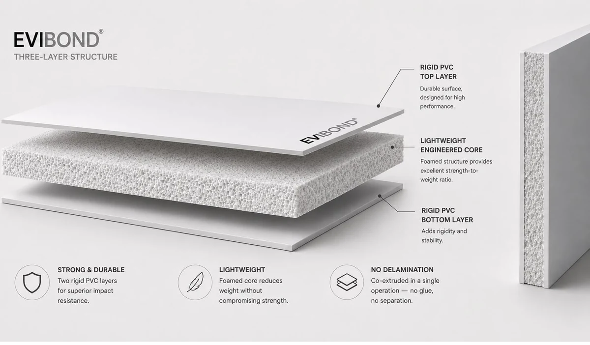 EVIBOND® three-layer structure — rigid virgin PVC top skin (printable), lightweight foamed engineered core, rigid virgin PVC bottom skin, co-extruded in a single pass without glue