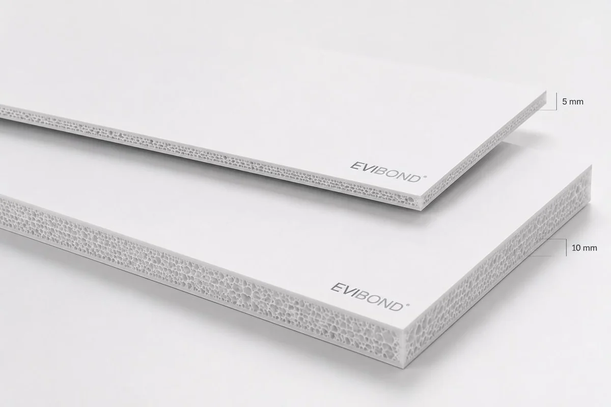 EVIBOND® three-layer co-extruded PVC boards — 5 mm and 10 mm sheets with co-extruded foamed core visible at the edge